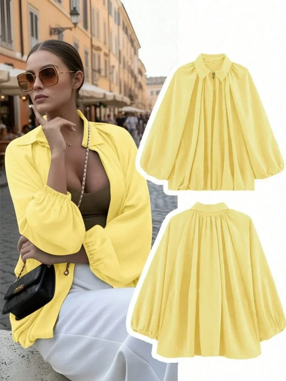 Yellow Casual Women's Puff Sleeve Bomber Jacket lightweight jacket